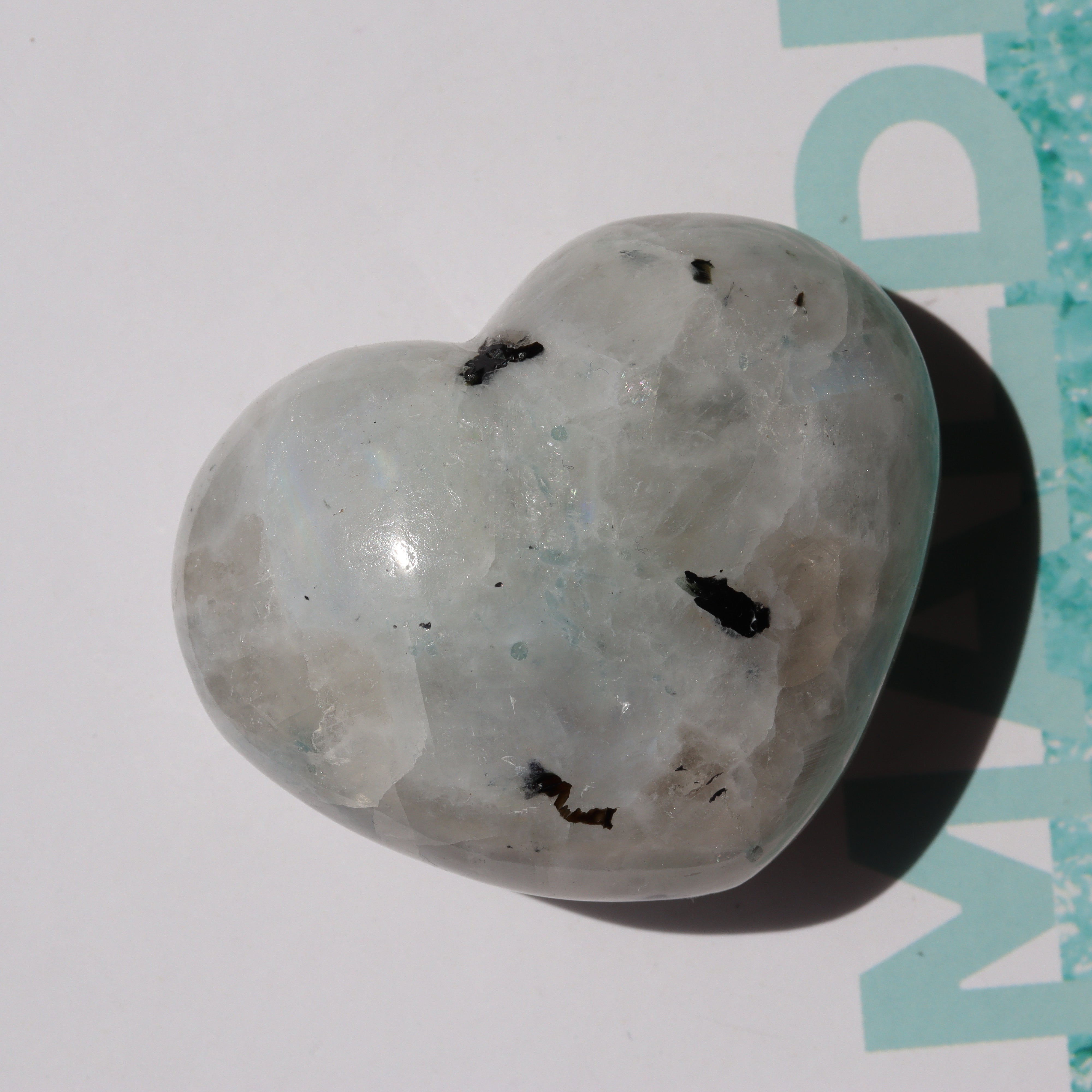 Moonstone with Tourmaline Heart with strong flashes